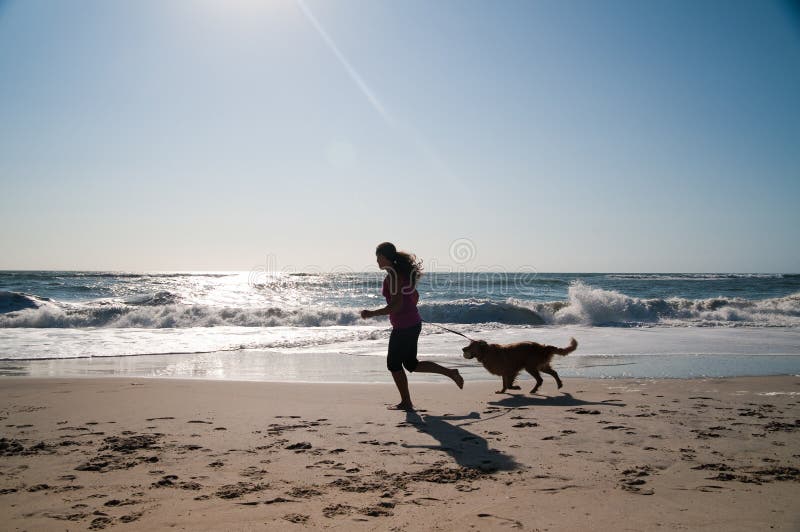 Ragazza e il suo cane giocando sulla spiaggia.