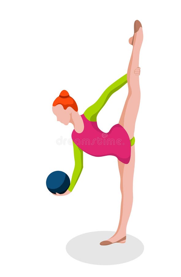 Girl doing rhytmic gymnastics exercises with blue gymnastic ball. Isolated royalty free illustration