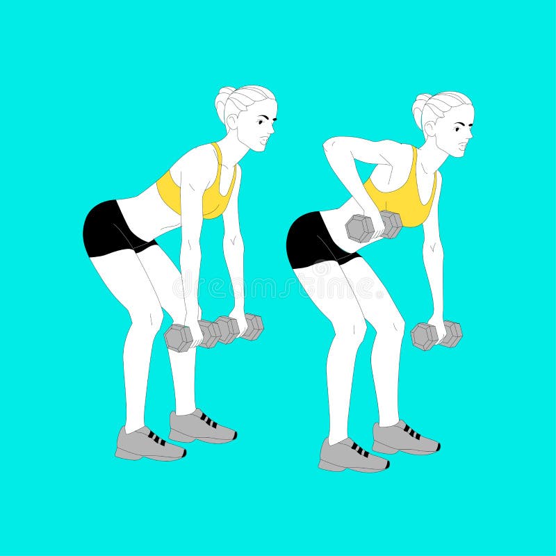 The girl is doing sports exercises with dumbbells isolated on blue background. Vector illustration. stock illustration
