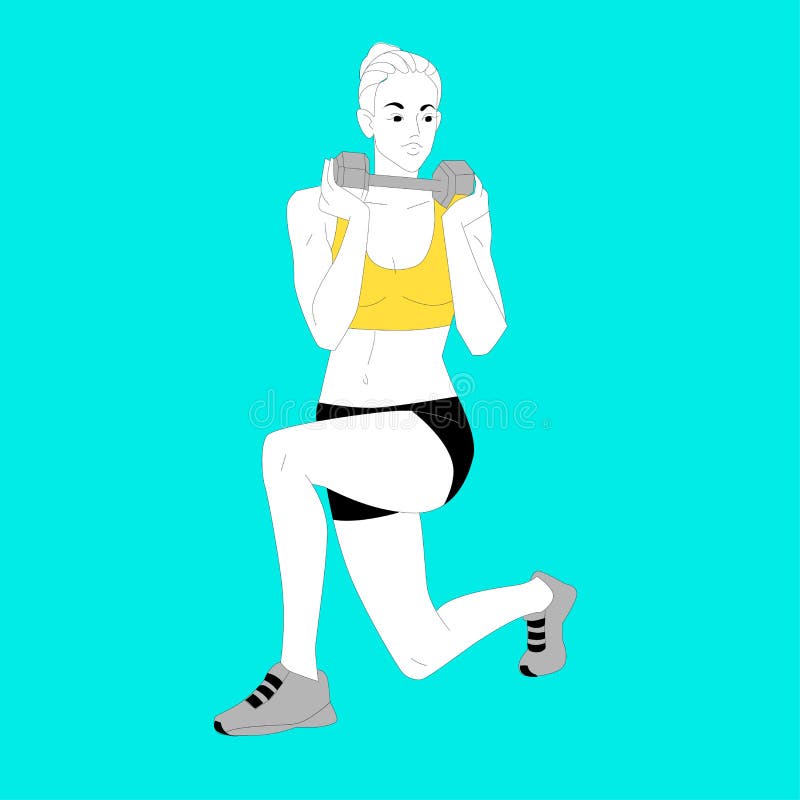 The girl is doing sports exercises with dumbbells isolated on blue background. Vector illustration. stock illustration