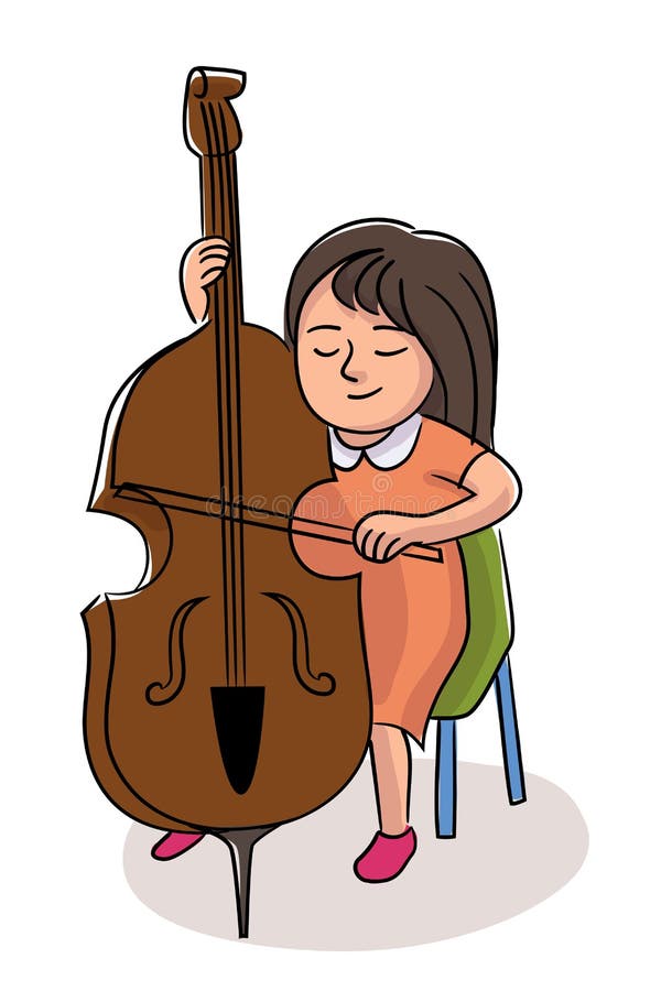 Girl double-bass player isolated on white backdrop stock illustration