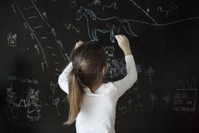 Girl Drawing Blackboard Chalk Concept Stock Photo Image of