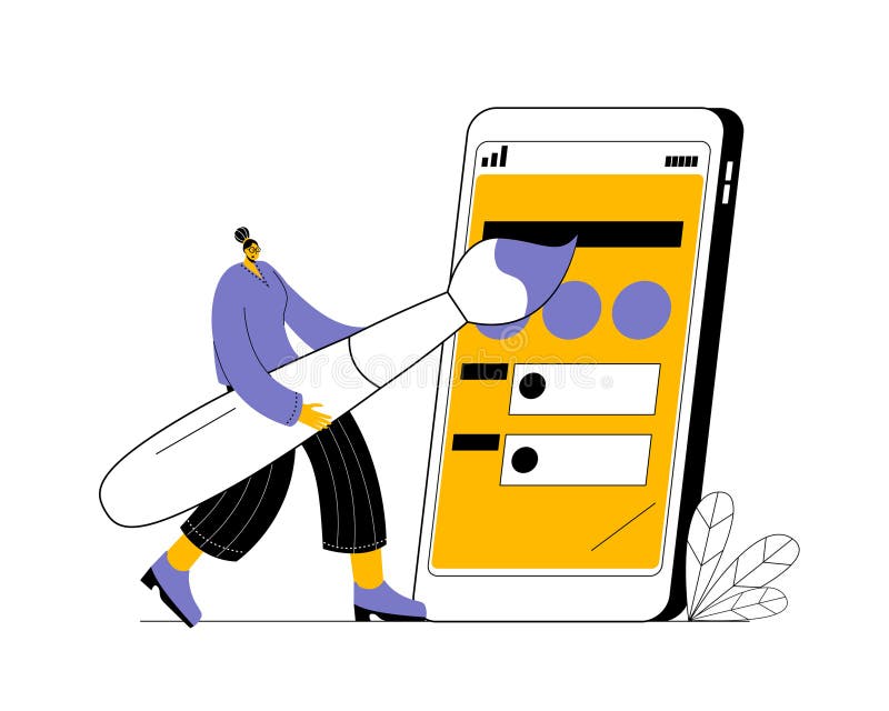 The Girl Draws with a Huge Brush on the Mobile Phone Screen. Stock
