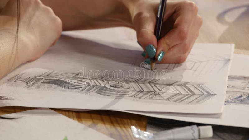 The girl draws pencil sketch on paper. Close up