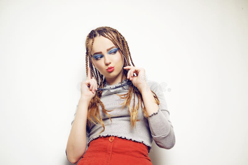 Girl with Dreadlocks, Pigtails Dancing, Model in the Style of the 80s. with Bright DJ Girl on a White Stock Photo - Image of outfit, girl: 181579166