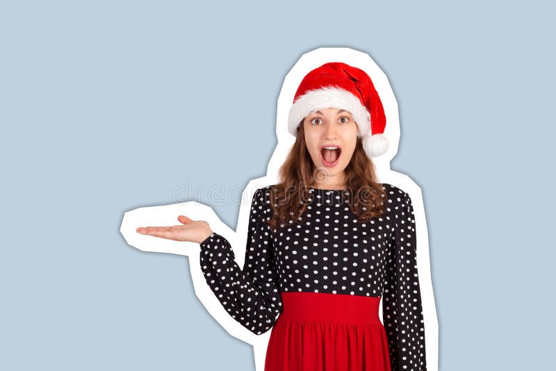 Girl in dress surprise recommend you to use this copy space. Magazine collage style with trendy color background. holiday concept stock photos Girl in dress surprise recommend you to use this copy space. Magazine collage style with trendy color background. holiday concept stock photos