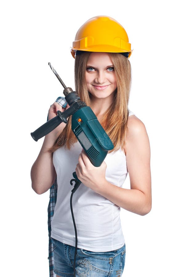 Girl with drill wearing yellow hard hat