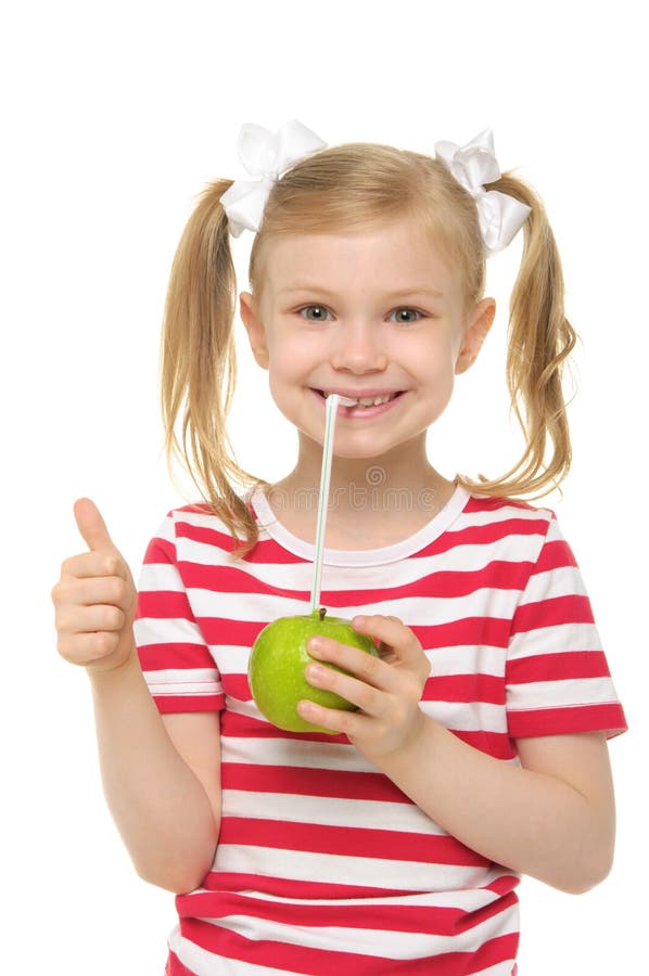 Girl Drinking Apple Juice Through Straw Stock Image Image of