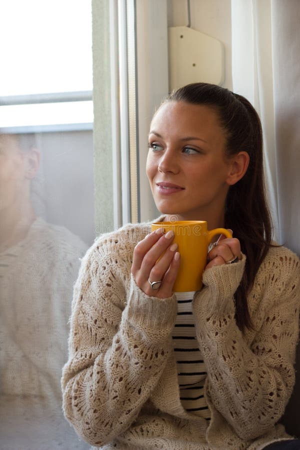 Girl Drinking Coffee By Window Stock Image Image Of Hands Dreaming