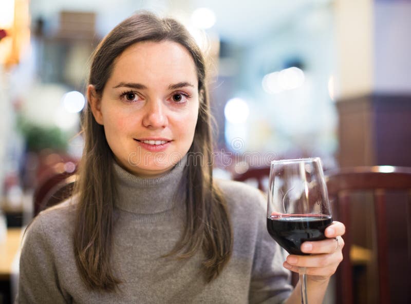 Girl Drinking Red Wine at Cafe Stock Image Image of enjoying