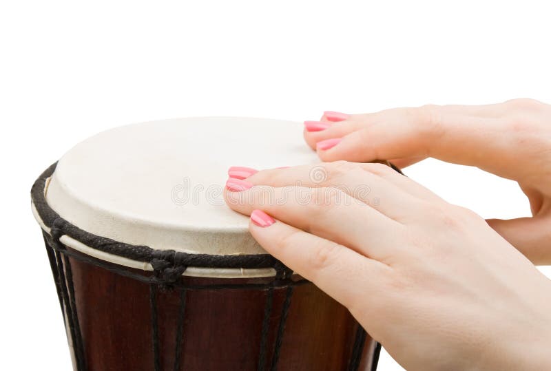 Girl drummers hands playing isolated on white