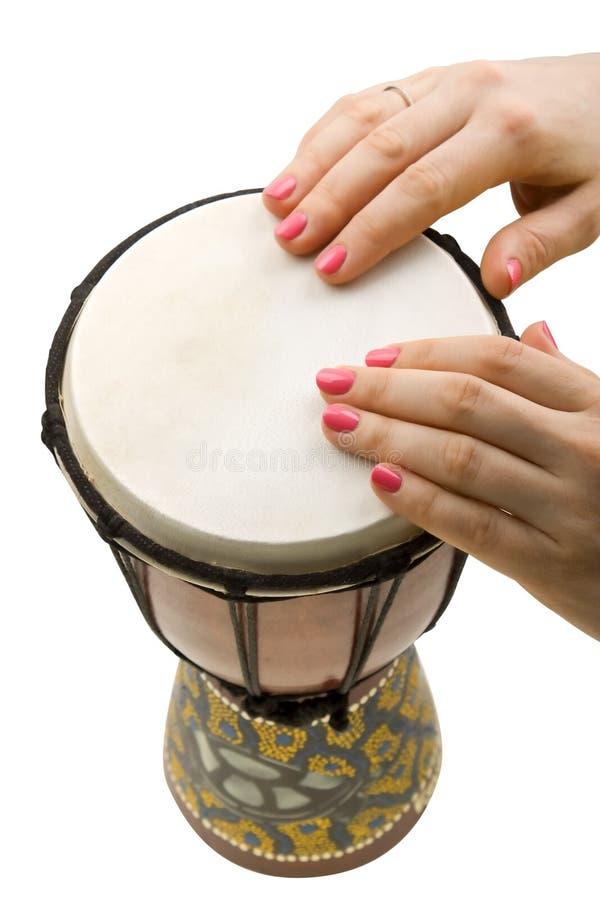 Girl drummers hands playing on white