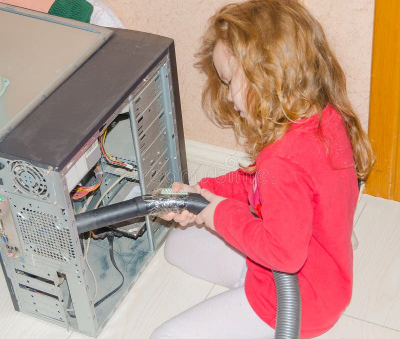 Girl dust computer vacuum cleaner home stock image