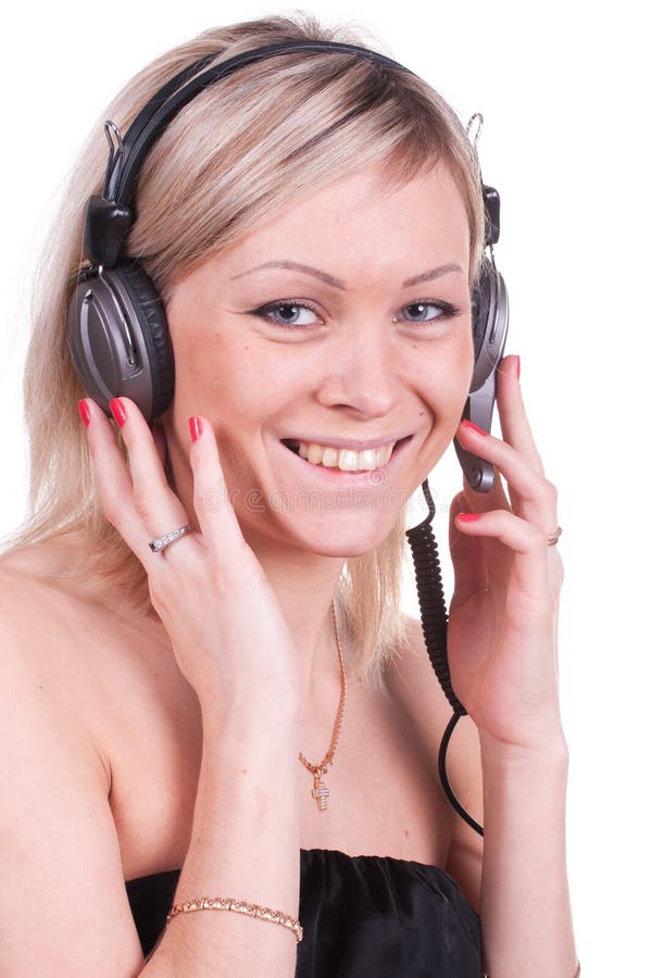 Girl with earphones stock image. Image of blouse, business 24080509