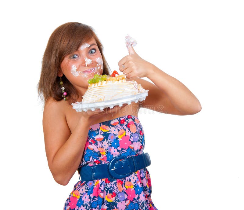 Girl eating cake with his hands