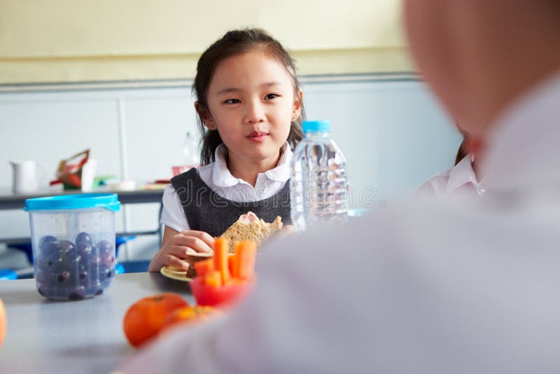 Girl Eating Healthy Packed Lunch In School Cafeteria