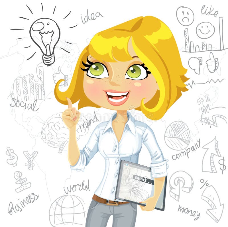 Girl with electronic tablet inspiration idea on business doodles background royalty free illustration
