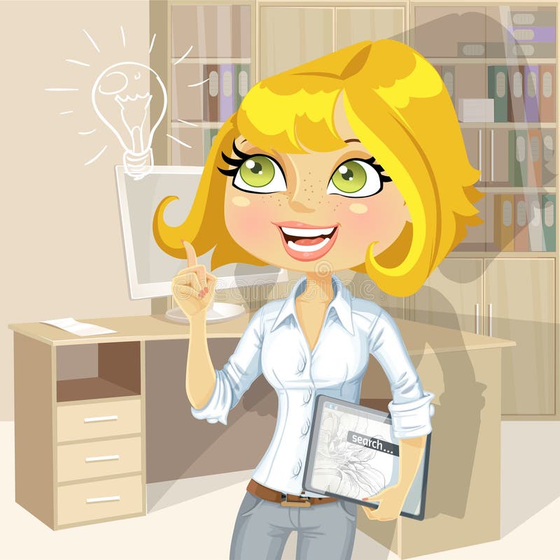 Girl with electronic tablet inspiration idea in office vector illustration
