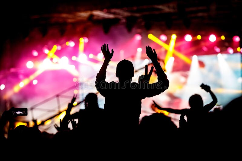 Girl Enjoying a Music Festival or Concert. Black Silhouette of the ...