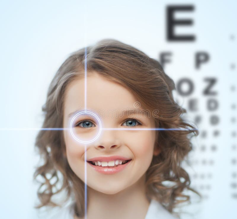 Girl with eyesight testing board