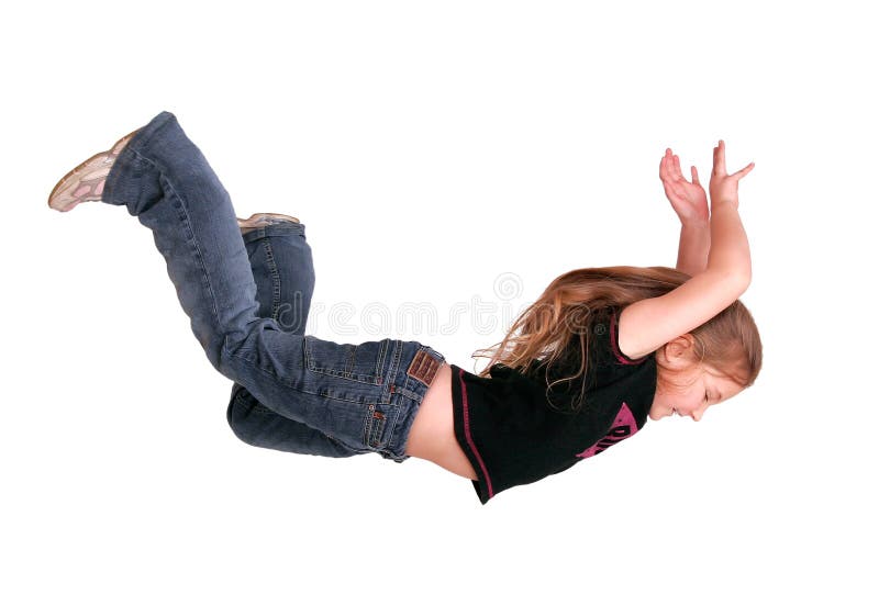 Young caucasian girl falling isolated on white