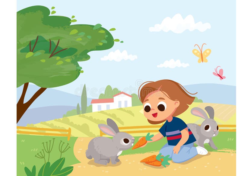 Girl Feeding Rabbits. Kid Feed the Animals at the Farm Stock Vector -  Illustration of ecological, children: 188863938