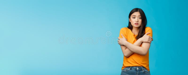 Girl Feeling Uncomfortable Walking Light Yellow T Shirt Hugging Herself Trembling Shaking