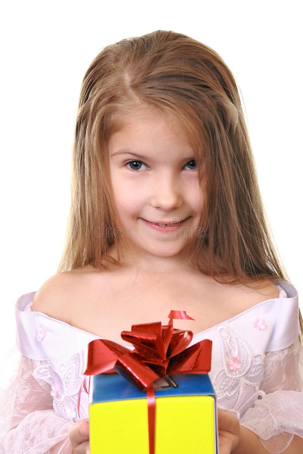 Girl in Festive Dress with Gift Stock Photo Image of happy, christmas