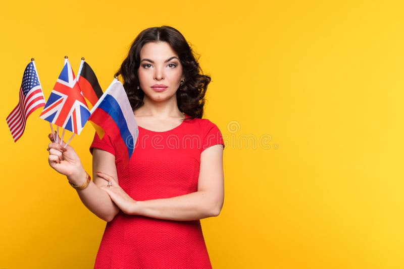 Girl with Flags of Different Countries Stock Photo Image of woman