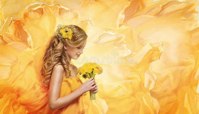 Girl Flowers Bouquet, Young Fashion Model Smelling Yellow Dandelion stock images Girl Flowers Bouquet, Young Fashion Model Smelling Yellow Dandelion stock images