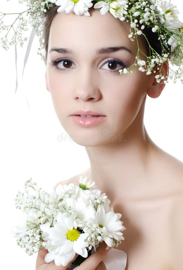 Girl with Flowers in Hair on White Stock Photo Image of glamour