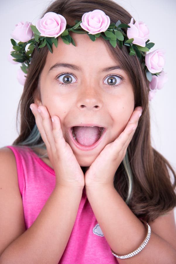 Girl with Flowers on Head and Look Amazed Stock Image Image of