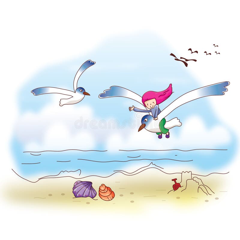 Girl flying on bird. Vector illustration decorative design stock illustration