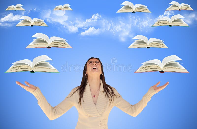 Girl with Flying Books and sky royalty free stock photos Girl with Flying Books and sky royalty free stock photos