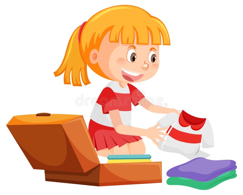 Girl Folding Clothes and Packing Luggage Stock Vector Illustration of