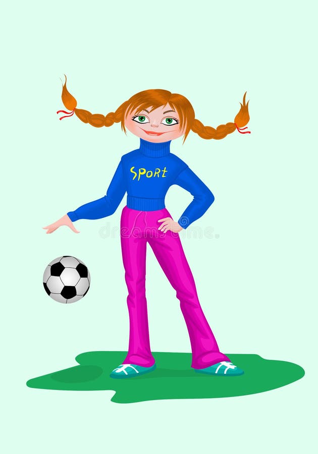 Girl footballer player with the ball. Vector illustration,front viev.