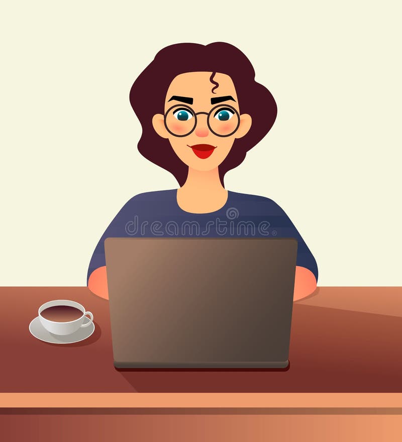 Girl freelancer. Young woman in glasses works at home sitting in front of a laptop. Cartoon flat girl working online or royalty free illustration Girl freelancer. Young woman in glasses works at home sitting in front of a laptop. Cartoon flat girl working online or royalty free illustration