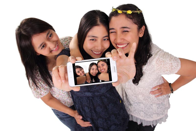 Girl Friends Selfie On Phone Screen Isolated Stock Image Image Of Focus Background 67748775