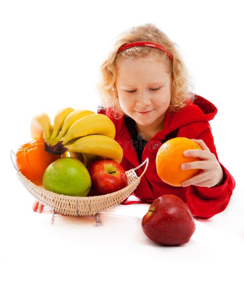 Girl and fruit vase royalty free stock photography