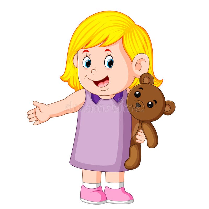 A girl funny playing with the cute brown teddy bear vector illustration