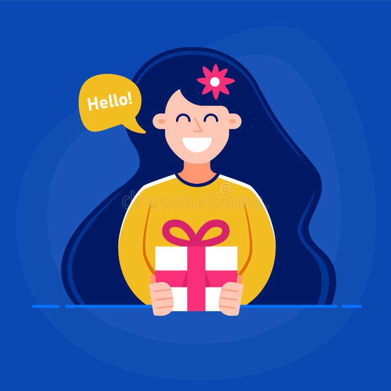 Girl gives a gift. keep in hand. Wavy hair. vector illustration Girl gives a gift. keep in hand. Wavy hair. vector illustration