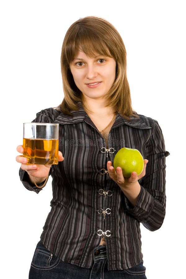 Girl with a glass of juice and an apple. Isolate