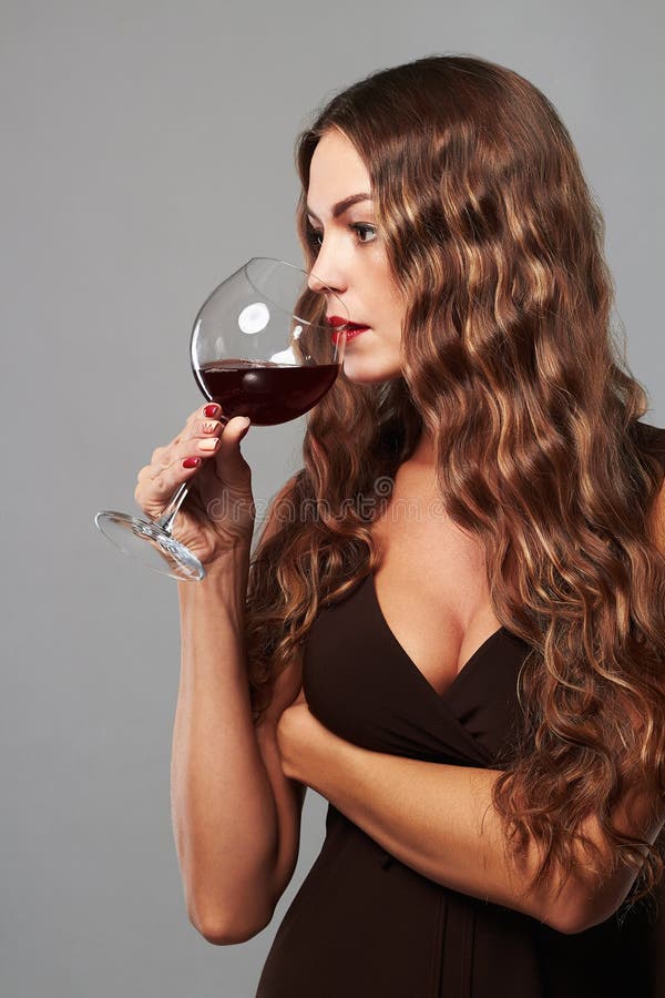 Girl With Glass Of Red Wine Beautiful Blond Woman Drinking