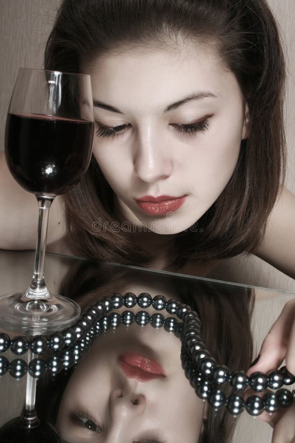 The Girl with a Glass of Wine. Stock Image Image of beautiful, dreaming 10632601