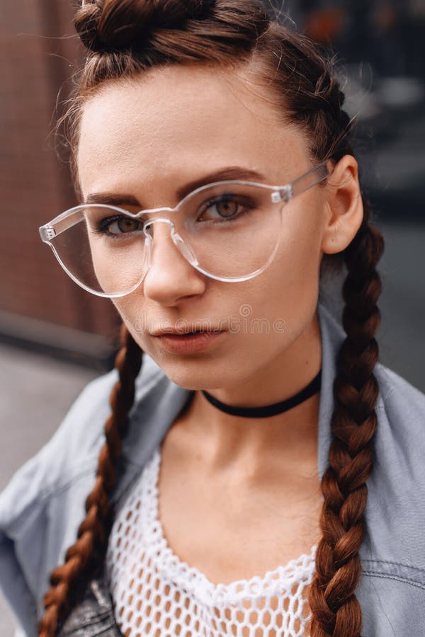 Pigtails glasses strip brunette
