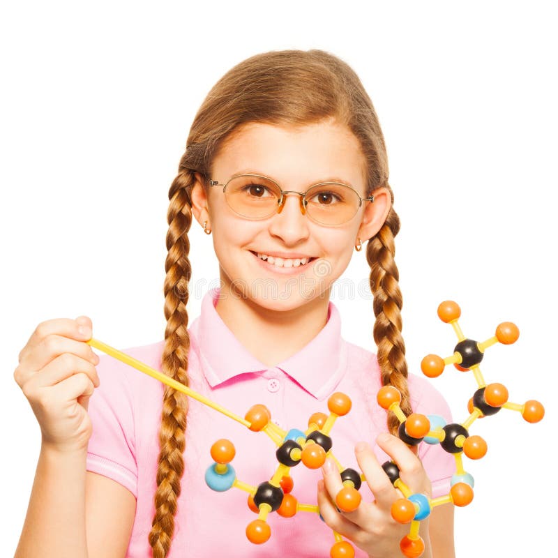 Girl in Glasses with Pointer and Molecular Model Stock Image Image of