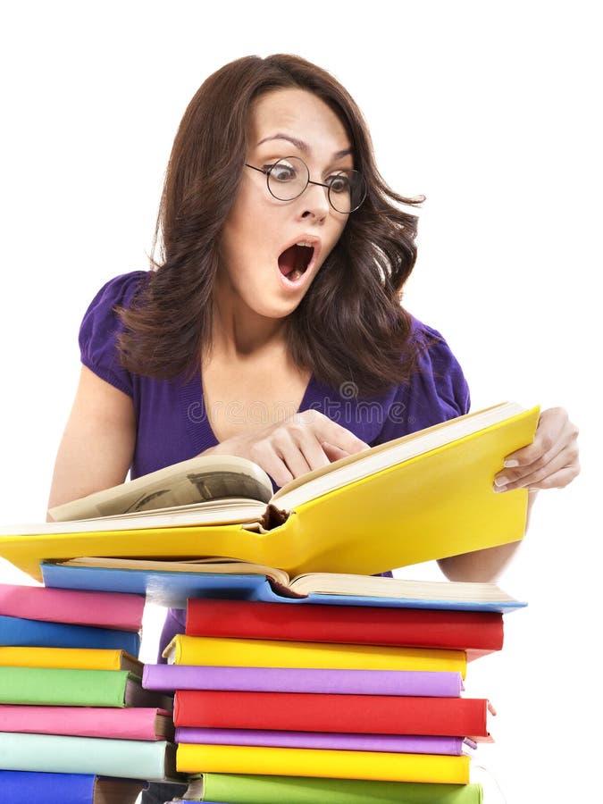 Girl in Glasses with Stack Book . Stock Image Image of holding