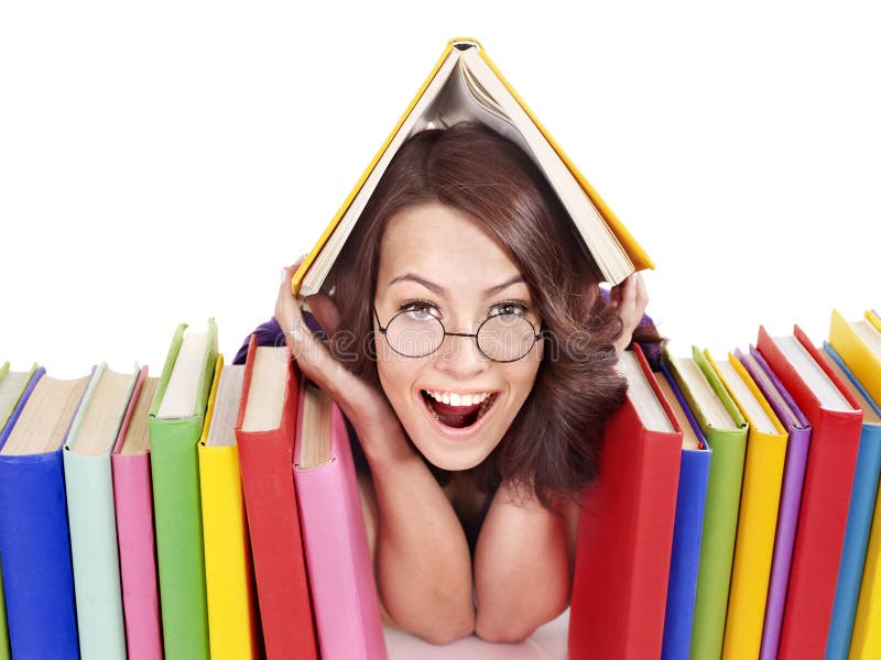Girl in Glasses with Stack Book . Stock Photo Image of child, college