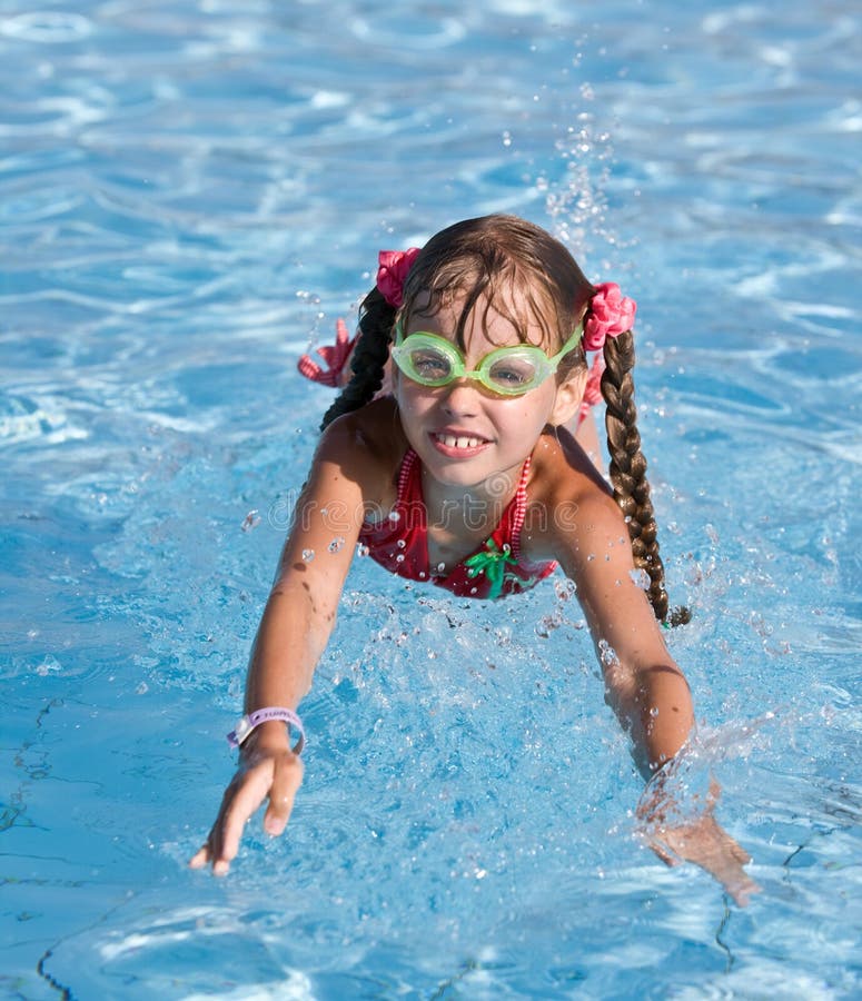 Girl with Goggles, Red Swimsuit in Swimming Pool Stock Image Image of