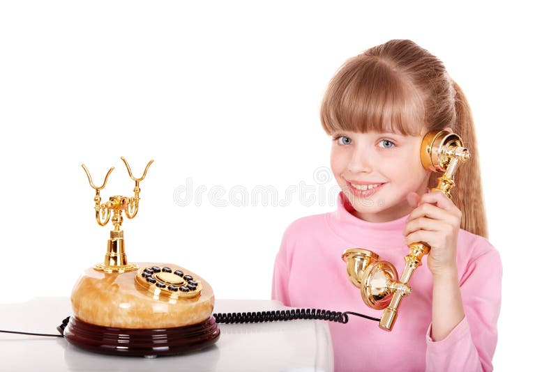 Girl with gold retro telephone.